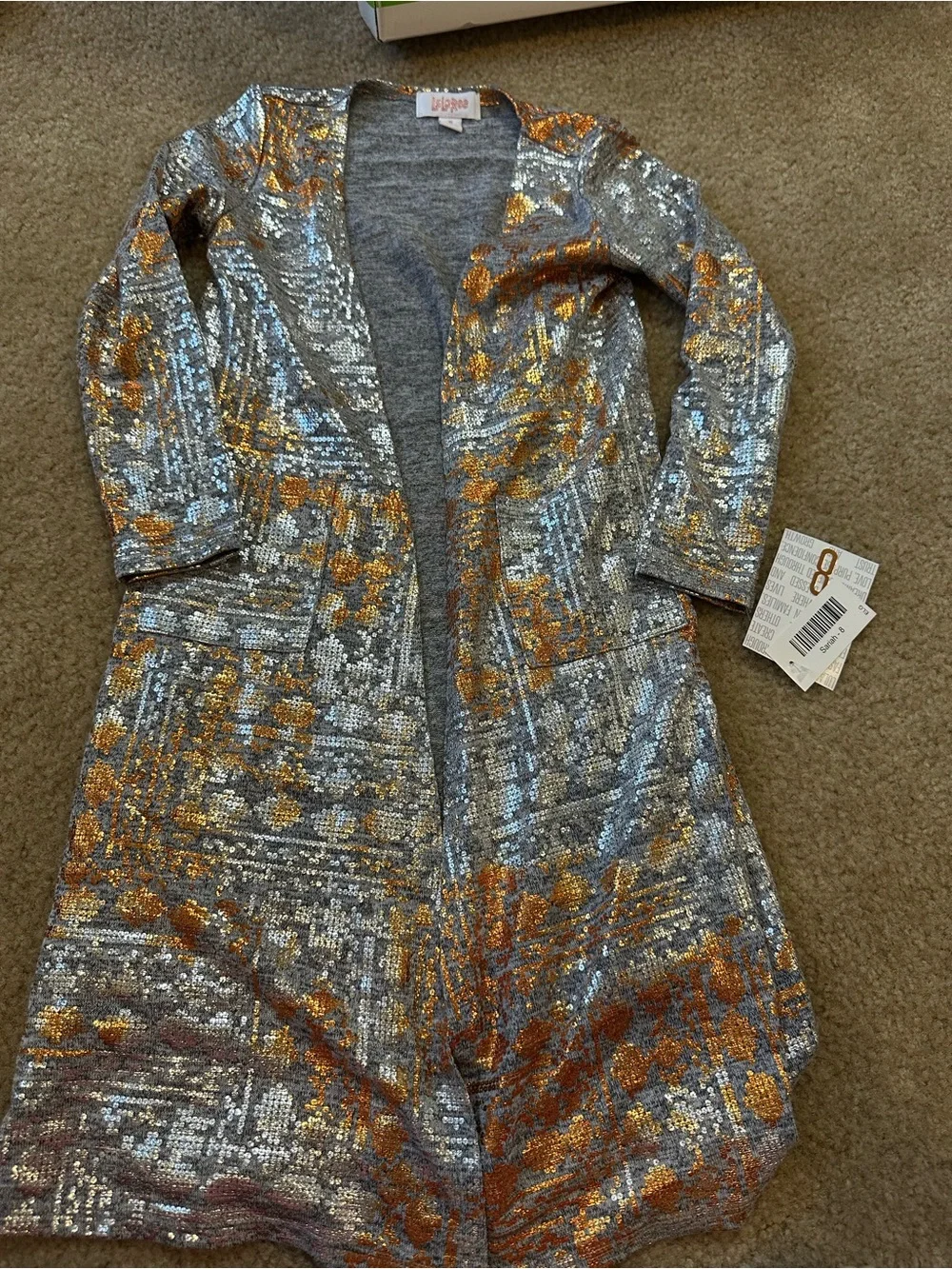 LuLaRoe Soraya Cardigan Size 8 Gold Silver Metallic Sparkle Pockets Discontinued